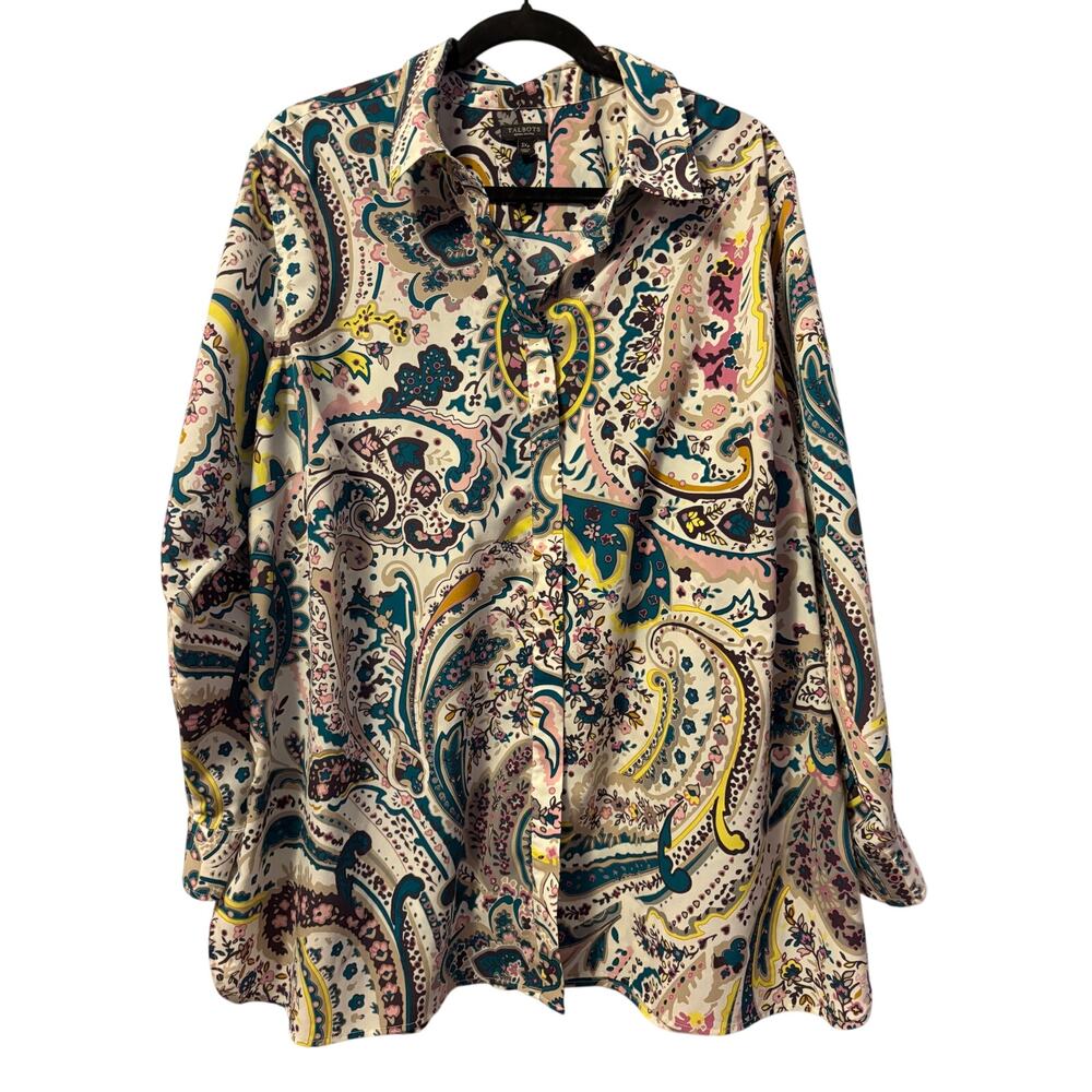 Talbots Button Front Top Green Pink Teal Collared Paisley Long Sleeve Sz 3XP